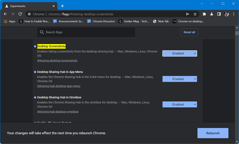 Enable Desktop Screenshot flag in chrome