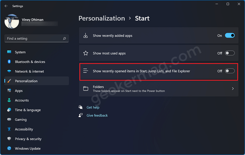 disable recommended windows 11
