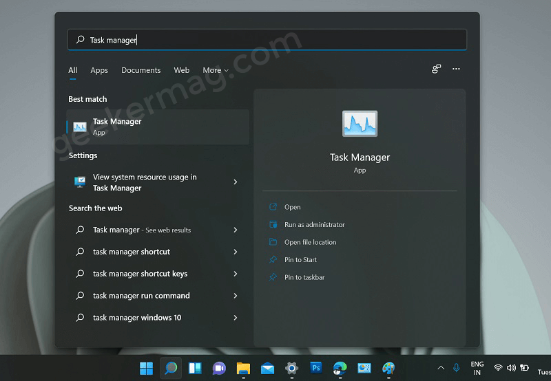 Open task manager in Windows 11 from Search menu