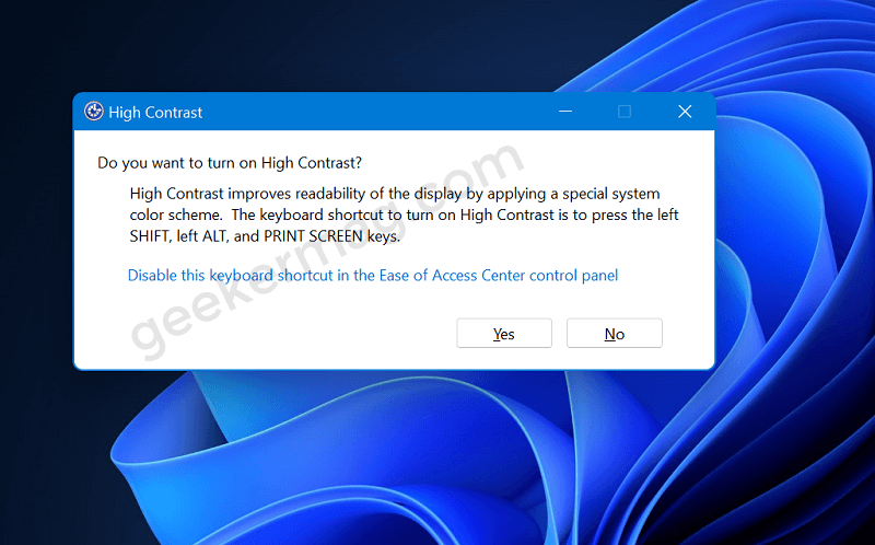 high contrast theme popup