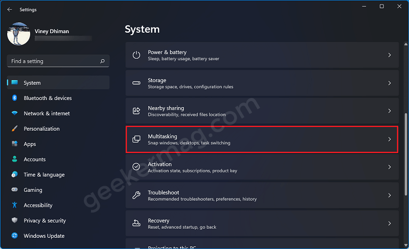 Multitasking settings in Windows 11