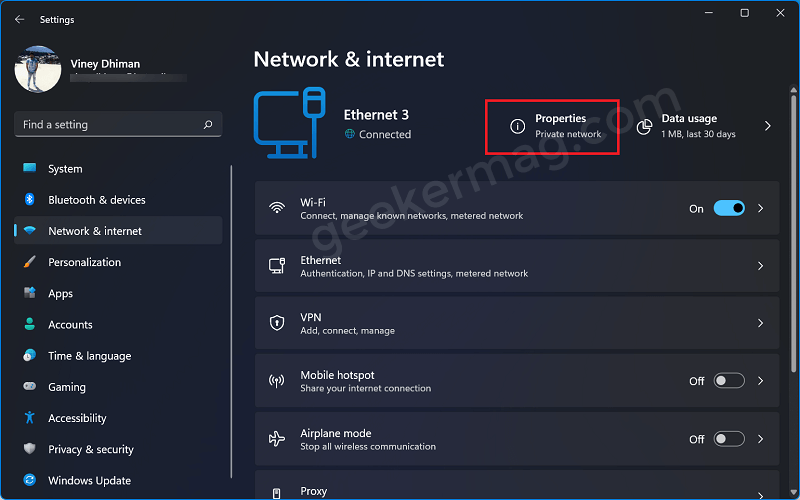 Open Internet Connection properties in Windows 11