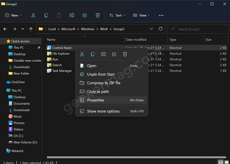 File Explorer properties menu