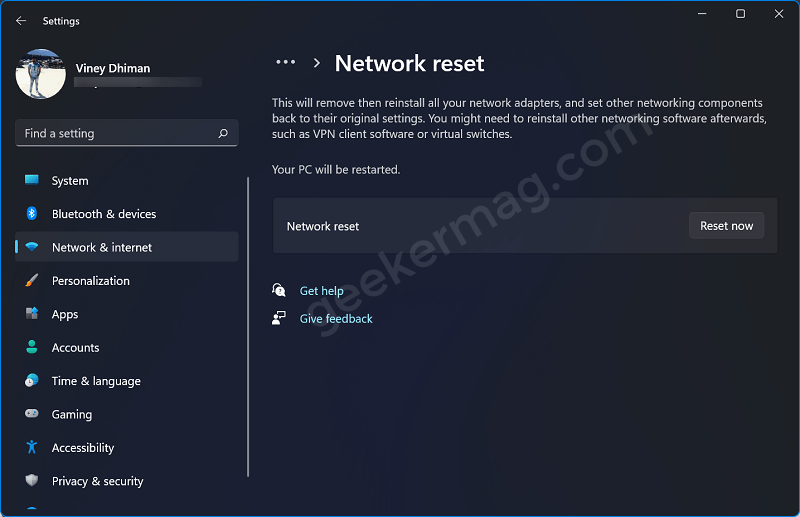 Reset Network in windows 11