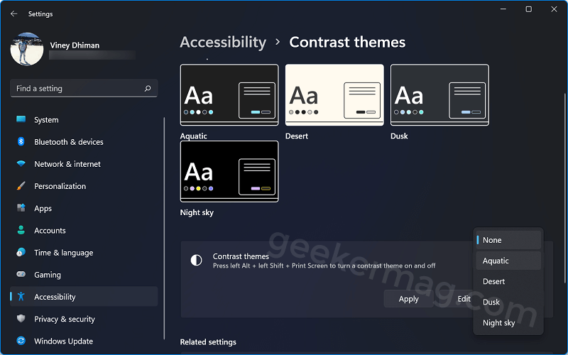 select high contrast theme in windows 11