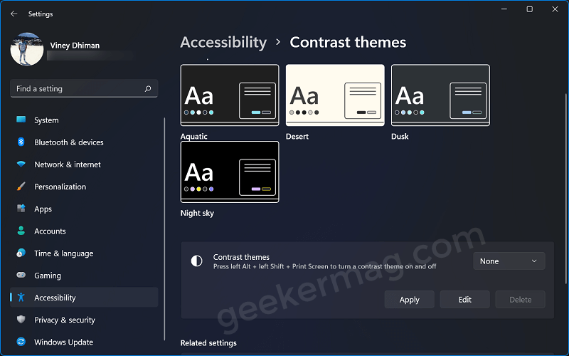 Disable  high contrast theme in windows 11