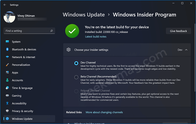 Windows 11 Insider Program settings page
