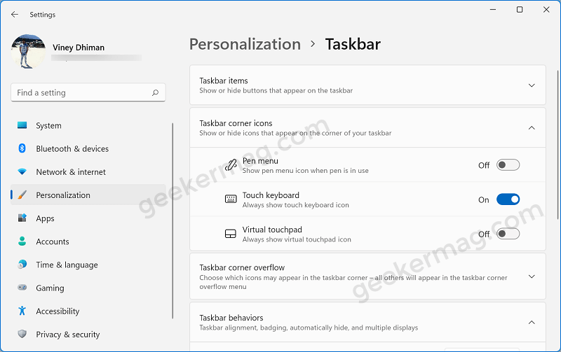 taskbar corner icons options