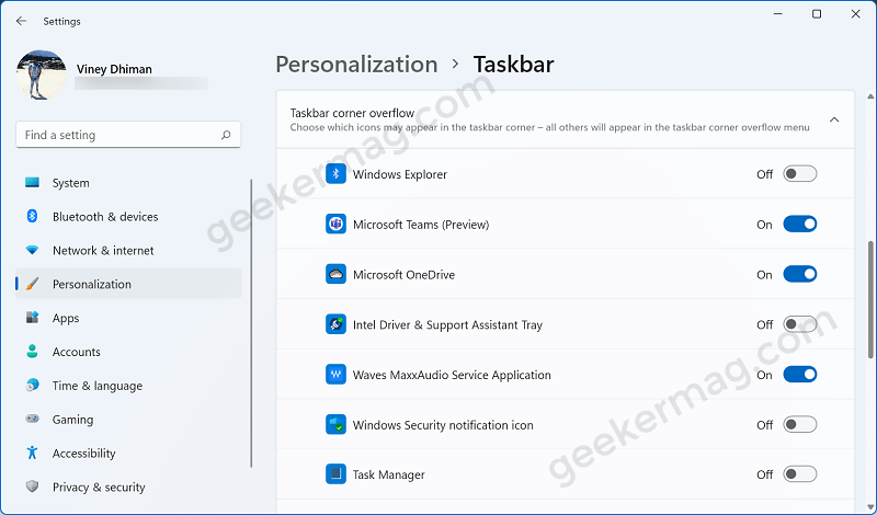 taskbar corner overflow