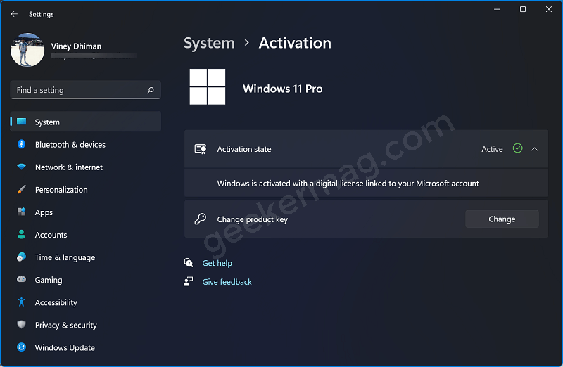Windows 11 Activation State settings page
