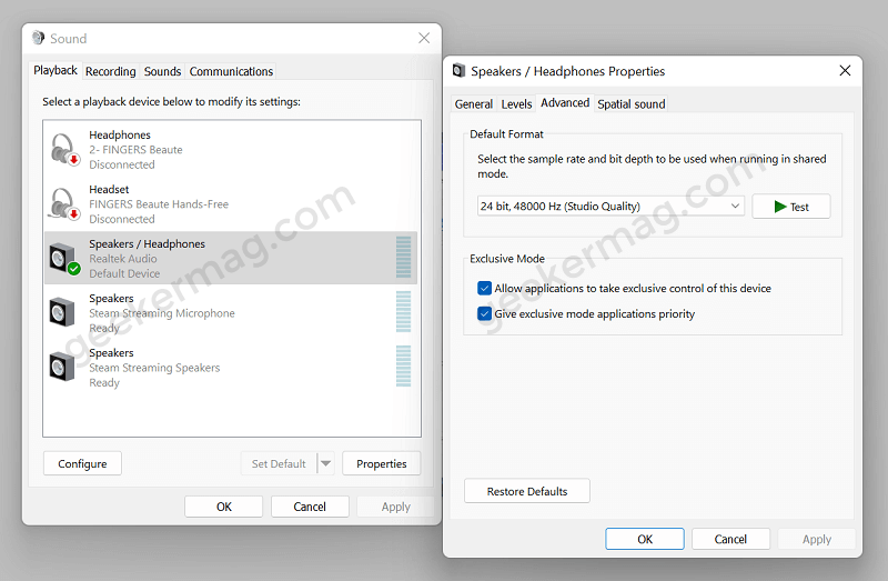 Change Audio enhancements and Hardware acceleration