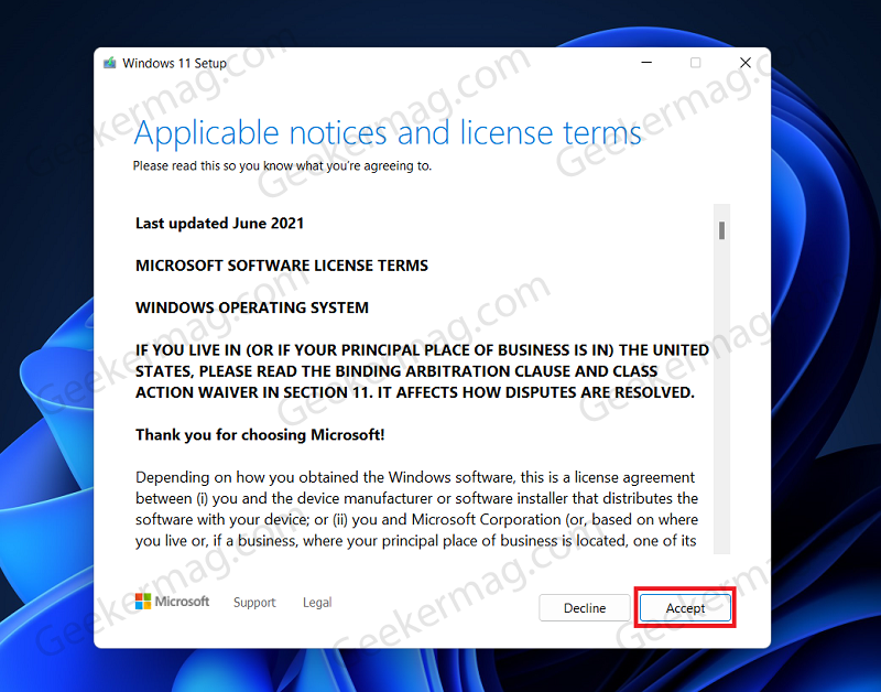 Terms Of Service windows 11 setup