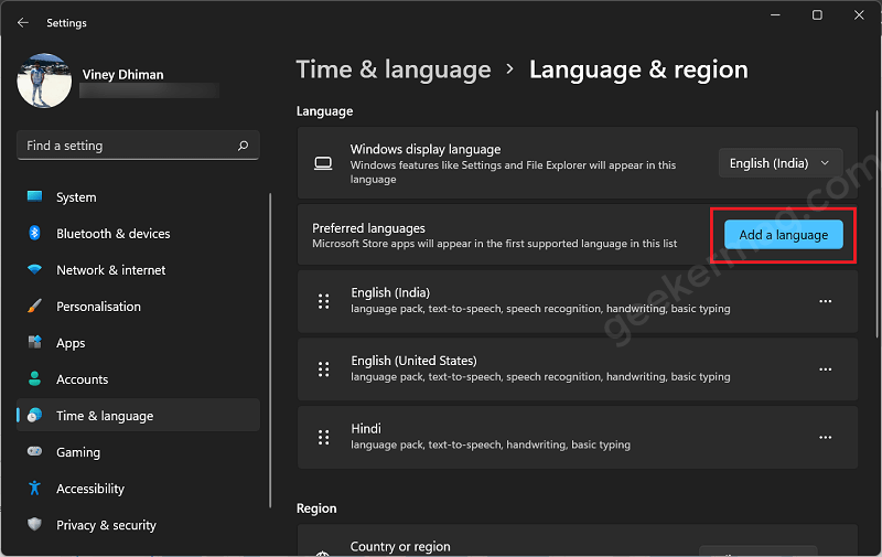 Add a language in windows 11