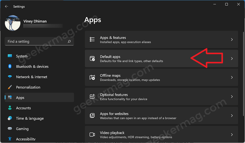 Default apps setting in Windows 11