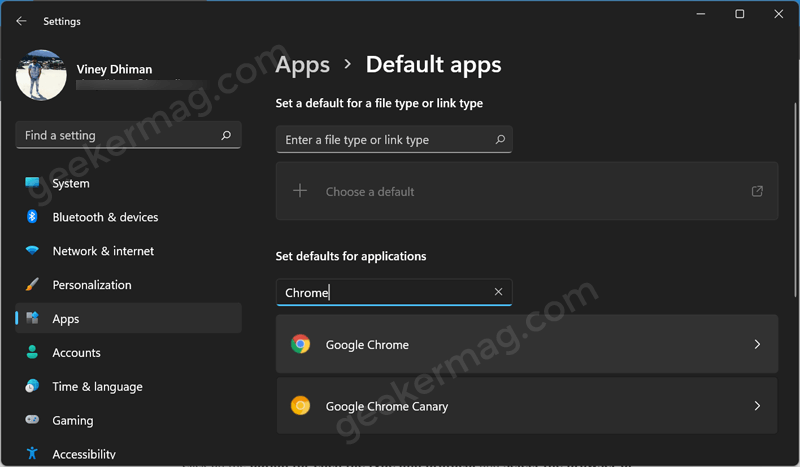 Set default for applications in Windows 11