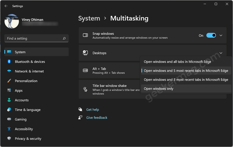 Atl + Tab Settings in windows 11