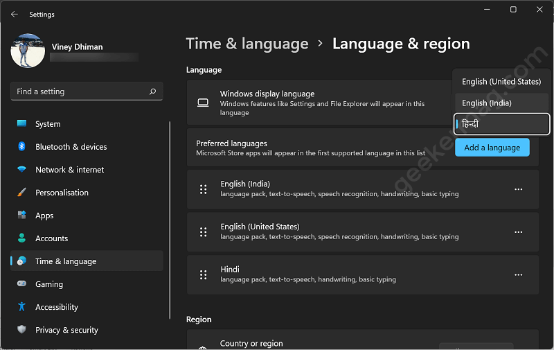 windows display language  in windows 11