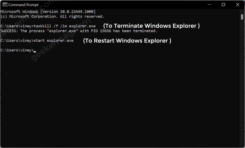 Kill and Restart Windows Explorer from COmmand Prompt in windows 11