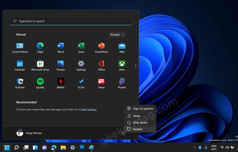 Restart by pressing Shift key in Windows 11