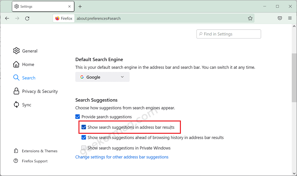 How to Disable 'Firefox Suggest' in Address bar search of Firefox