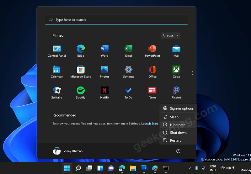 How to hibernate your pc in windows 11 using power menu