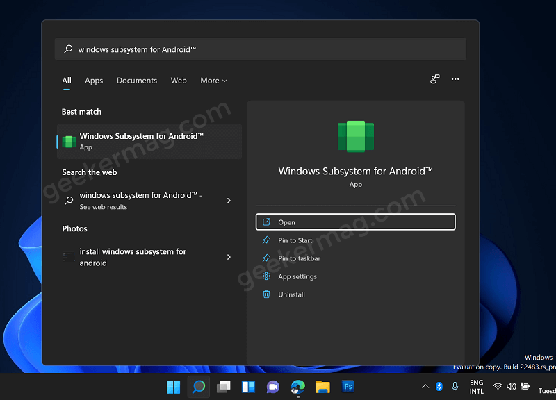 Open Windows Subsystem for Android in windows 11