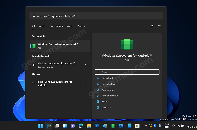 open Windows Subsystem for Android in windows 11