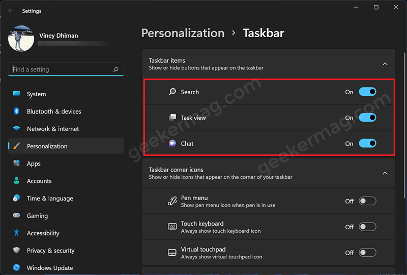 widgets option in not available in taskbar items in windows 11 settings 