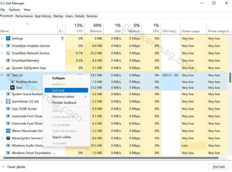 Restart start menu in windows 11 using task manager