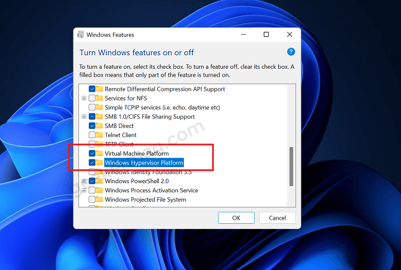 turn on Windows Hypervisor platform in windows 11