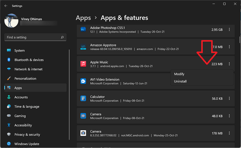 Uninstall apple music android app from Windows 11