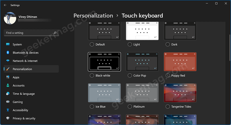 Touch keyboard themes in windows 11