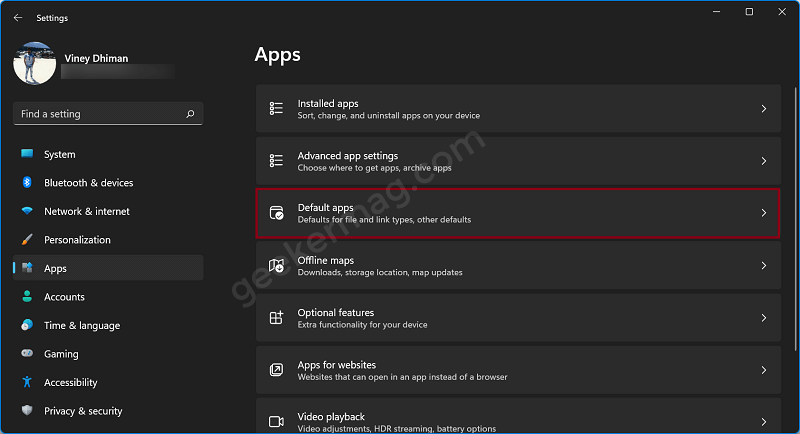 Default apps settings in windows 11