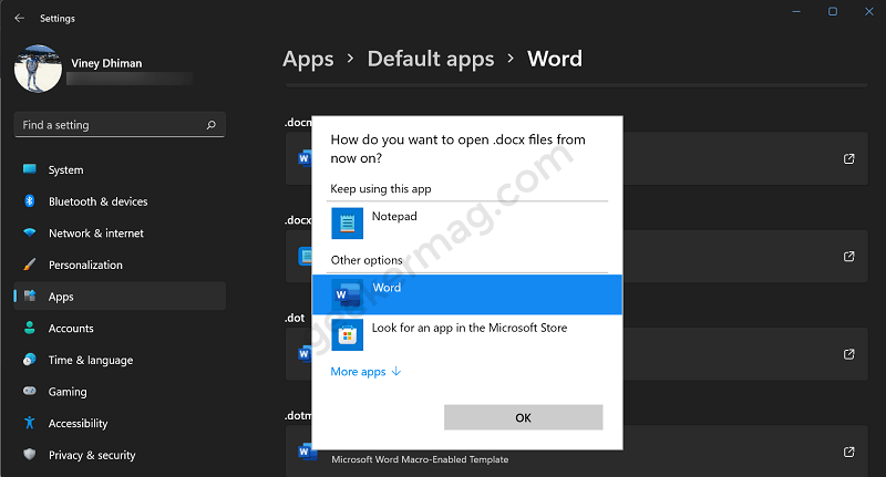 set word as default app for docx in windows 11