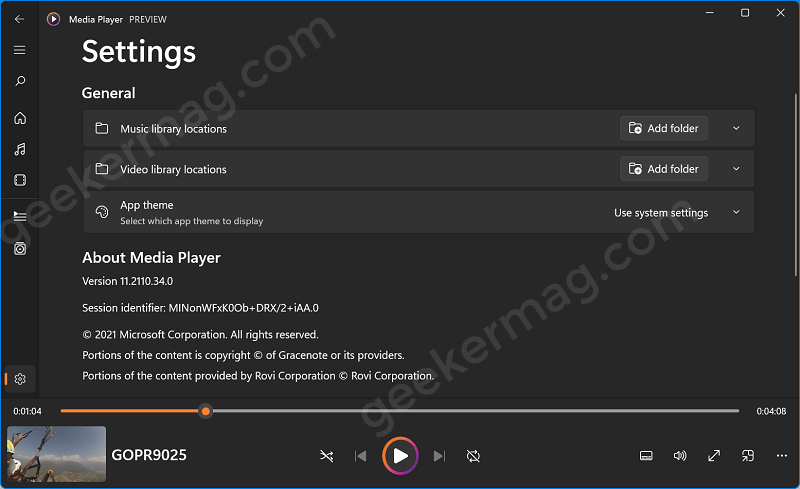 Media player app for Windows 11 - Settings screen