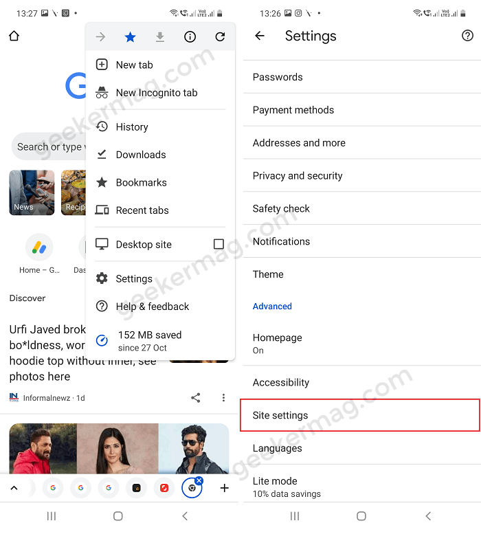 Chrome for android site settings