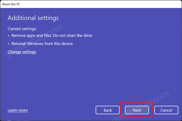 Additional settings - Windows 11 reset this pc