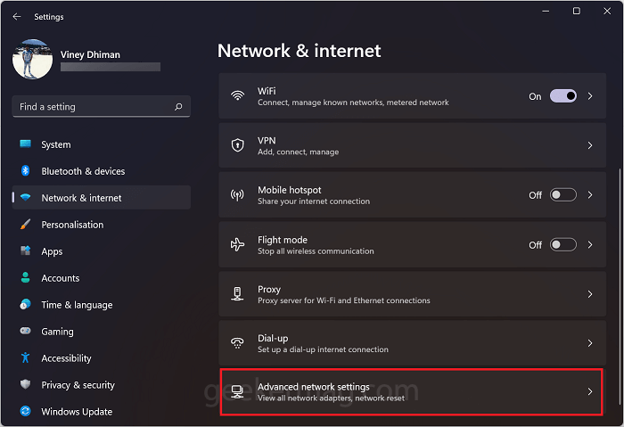 Advanced network settings option in windows 11