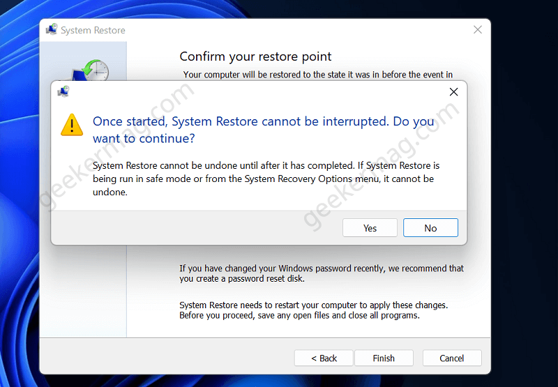 Once started, System Restore cannot be interrupted. Do you want to continue