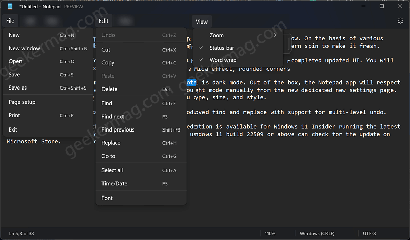 notepad menu options 