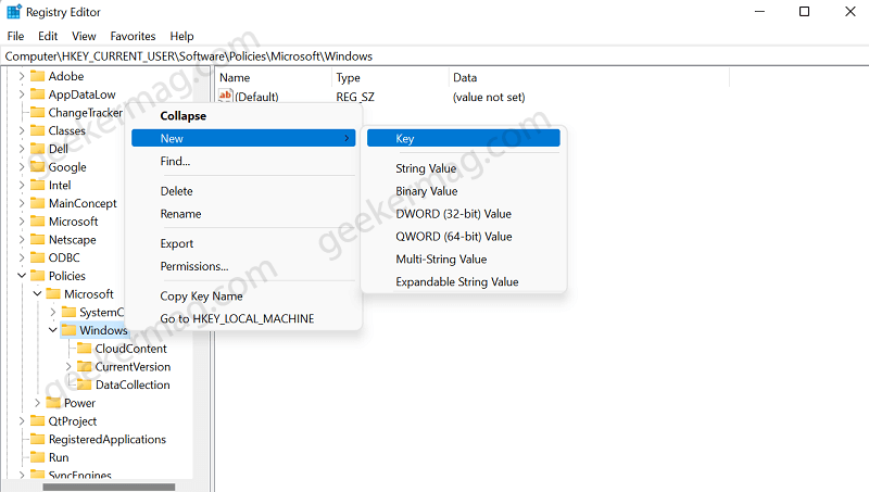 Create explorer key in windows 11