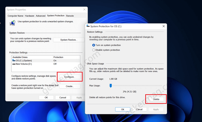 Delete Restore point in Windows 11