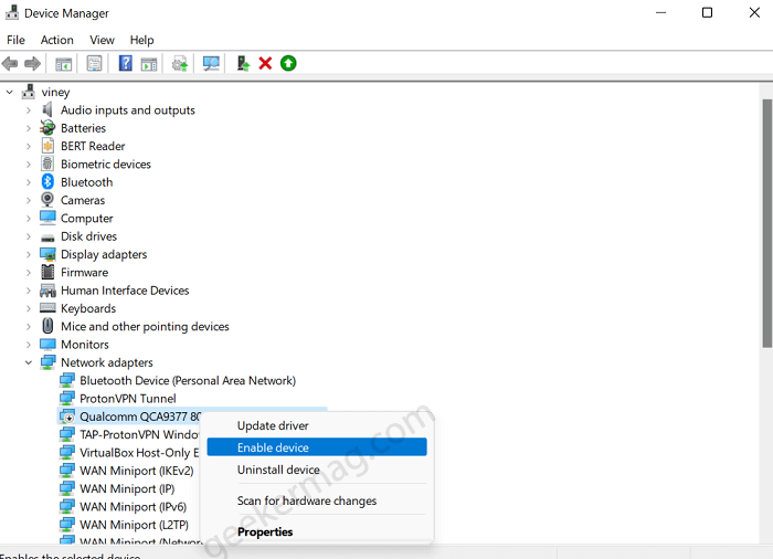 enable network device in windows 11 using device manager