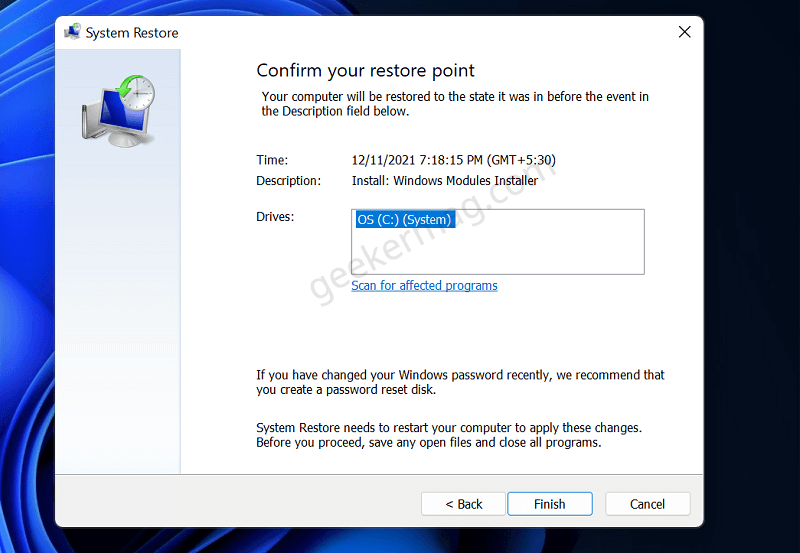 Confirm your restore point in windows 11