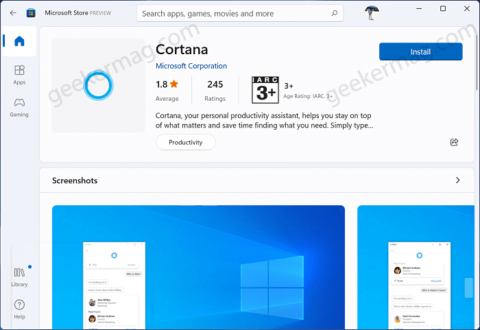 download and install Cortana app from Microsoft Store in Windows 11