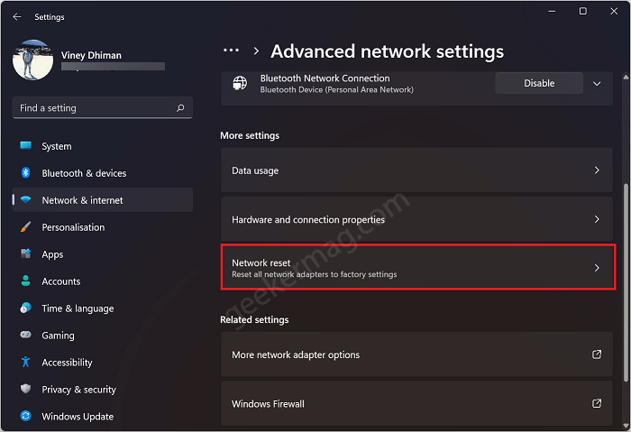 network reset option in windows 11