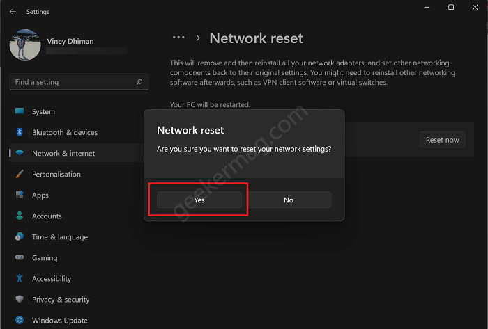 Are you sure you want to reset network settings