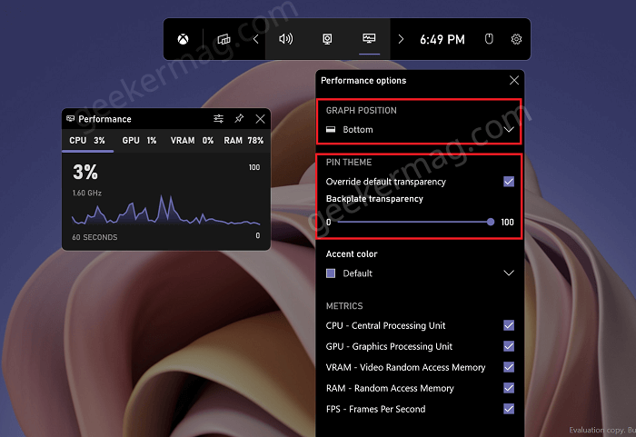 Change graph position and pin theme in Performance options widget