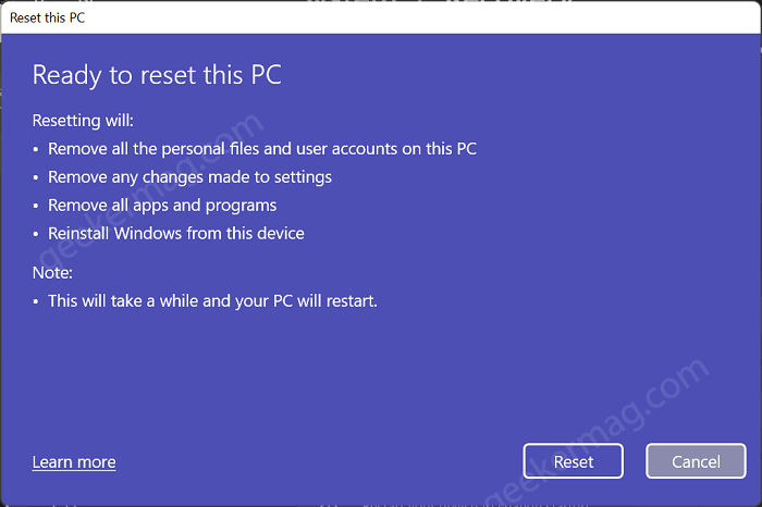 Reset Windows 11 - Ready to reset this PC