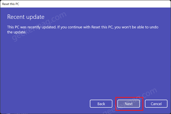 This PC was recently updated - Windows 11 reset this pc